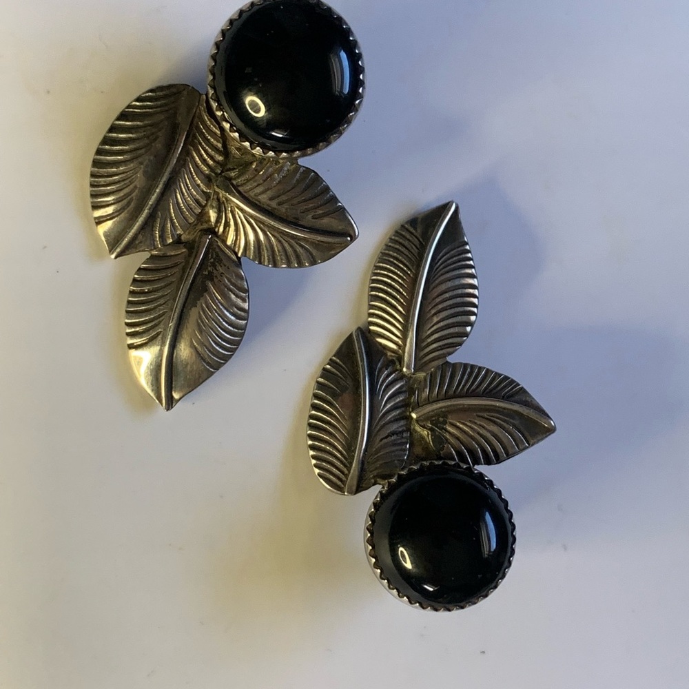 Vintage Marked Sterling Silver Leaf Statement Earrings with Black Cabochon!